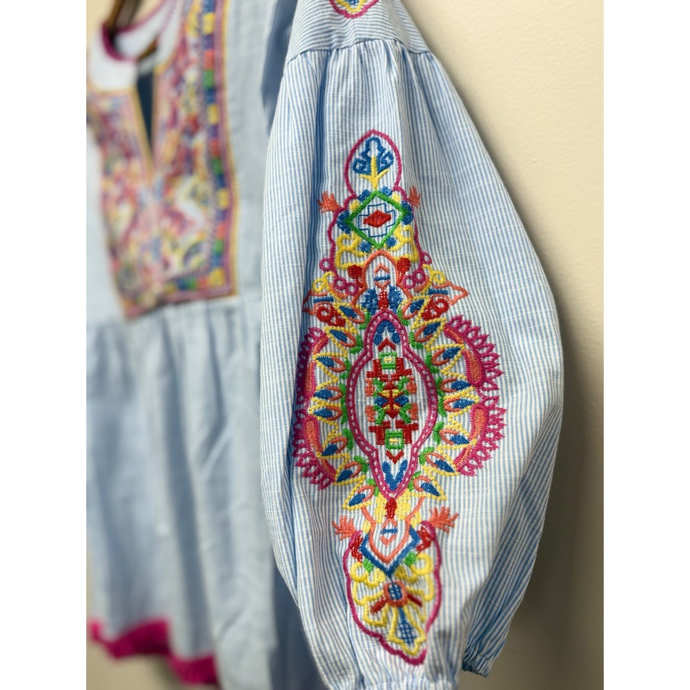 Calessa Split V Neck Cotton Embroidered‎ Shirt Long Sleeve Sz S NWT - Picture 3 of 6